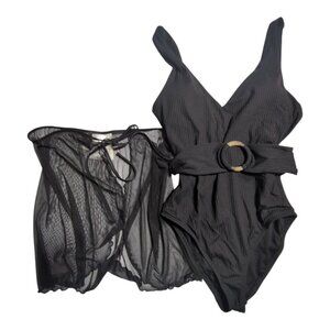 Jessica Simpson Textured One Piece Swimsuit & Cover-Up Belted Womens Small